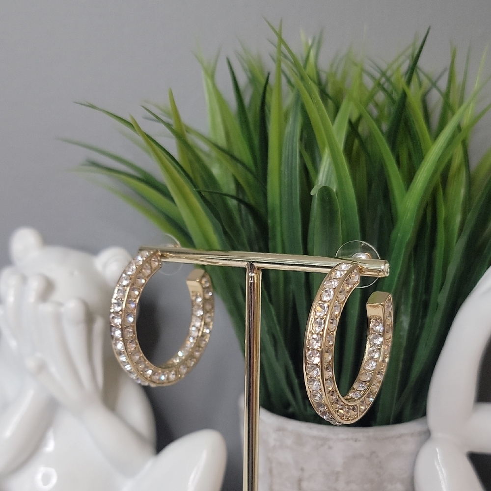 Gold Hoop Rhinestone Earrings with Sparkling Crystals Inside-out